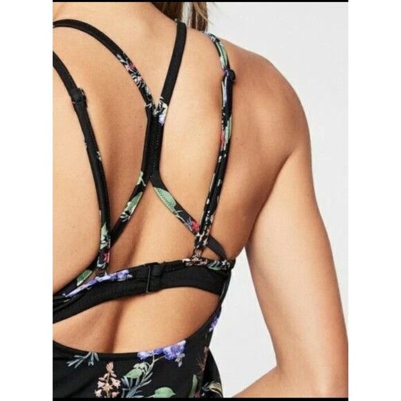 Athleta Gold Coast Black Floral Tankini Swim Top Size 36D/DD Blousy Banded Waist - Picture 5 of 11